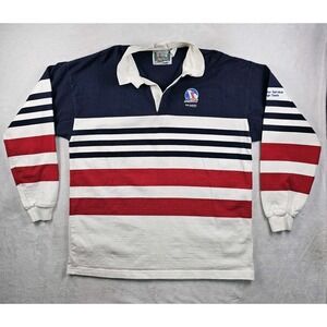 Columbia Knit Rugby Gear Polo Shirt Men XL Stripe Red White Blue USA Embroidered